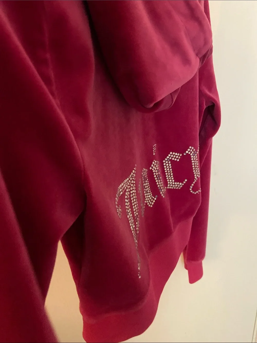 Juicy Couture Raspberry Velour Hoodie with Rhinestone Logo